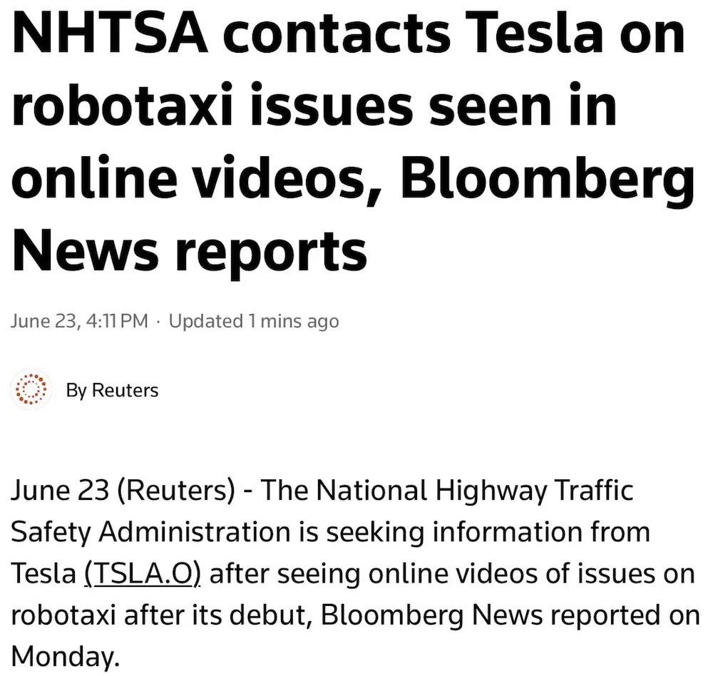 特斯拉無人出租&ldquo;翻車&rdquo;了？上線兩日多次違反交規，運營首日就遭調查