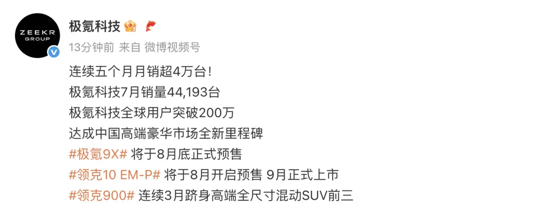 極氪科技7月銷量44193臺(tái)，同比增長20%